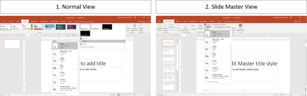 You can change the font combinations for your presentation either in the Normal view or Slide Master view