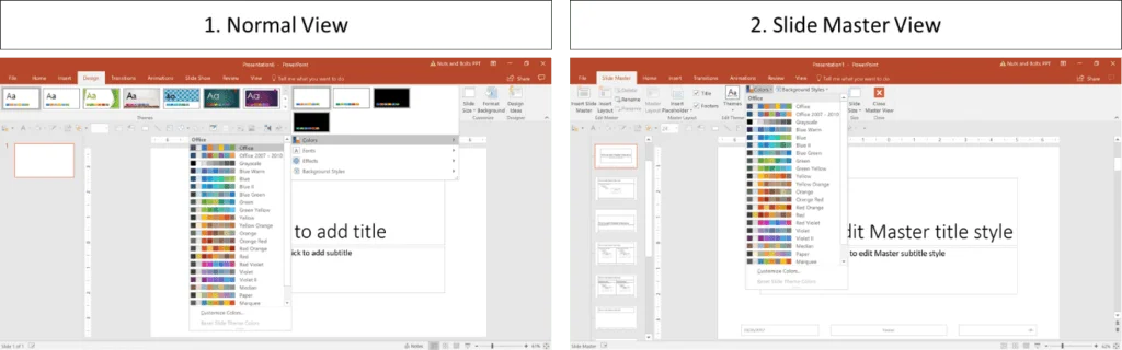 You can see your PowerPoint theme colors in the Design tab in the Normal view or on your slide master