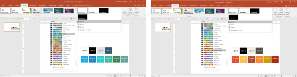 Hovering over color palettes gives you a live preview of those colors inside of your PowerPoint presentation