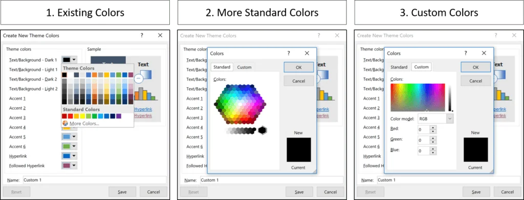 The three options for selecting a new color for your PowerPoint theme, existing colors, more standard colors and custom colors
