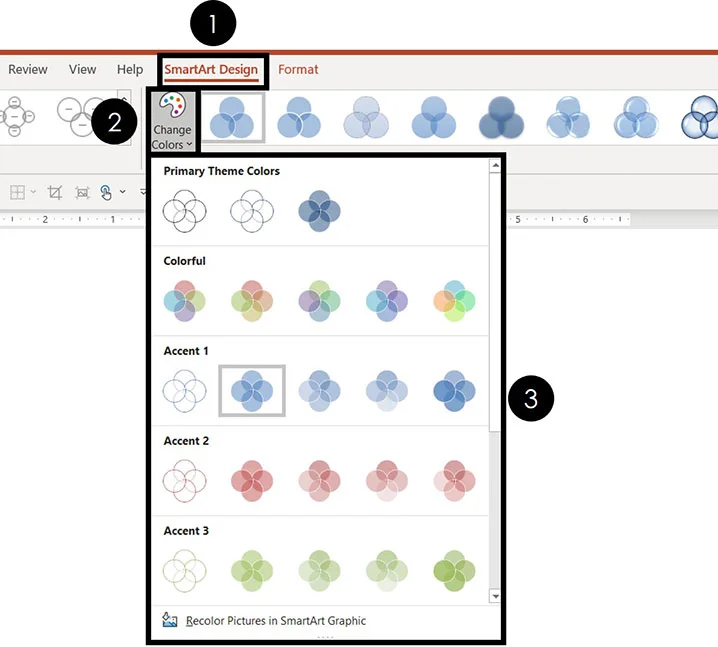 From the SmartArt Design tab, open the change colors drop down to recolor your venn diagram
