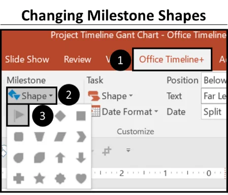 From the Office Timeline tab, open the shapes dropdown and select the flag