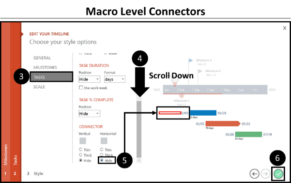 In the Edit Your Timeline dialog box, select Tasks on the left, and for the Horizontal connector select Hide