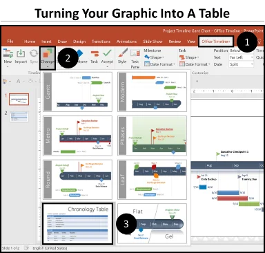 To turn your graphic into a table, click the Office Timeline tab, select change and choose the chronology table option at the bottom