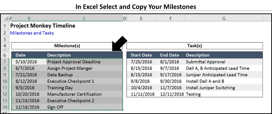 In Microsoft Excel, select your Milestones and hit control plus C on your keyboard to copy them