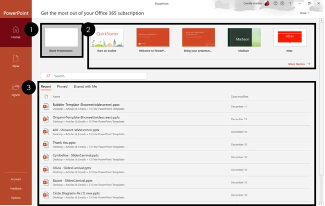 In the backstage view of PowerPoint you can create a new blank presentation, use a template, or open a recent file