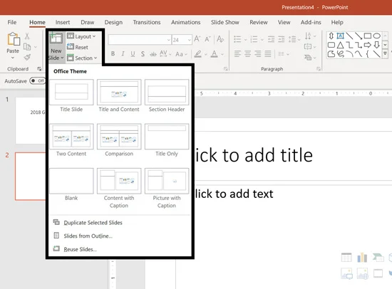 Opening the new slide dropdown you can see all the slide layouts in your PowerPoint template