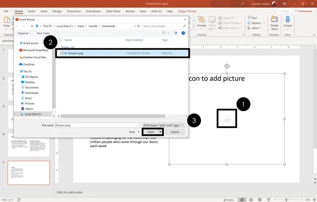 To insert a picture into a picture placeholder, click the picture icon, find your picture on your computer and click insert