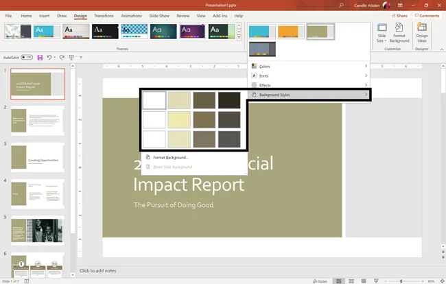 To change the background style of your presentation, on the Design tab, find the Background Styles options and choose a style