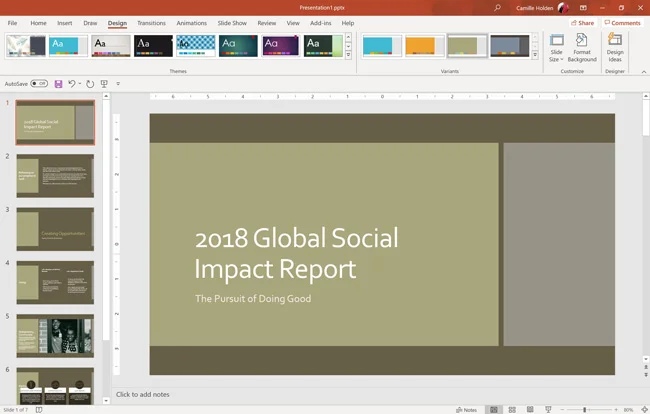 What our PowerPoint presentation looks like now that we have selected a theme, a variant, and a background style