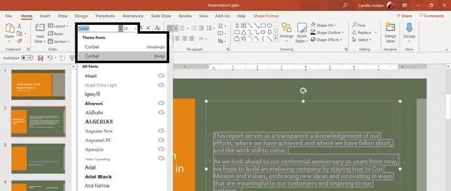 Example of custom theme fonts that might come with a powerpoint template