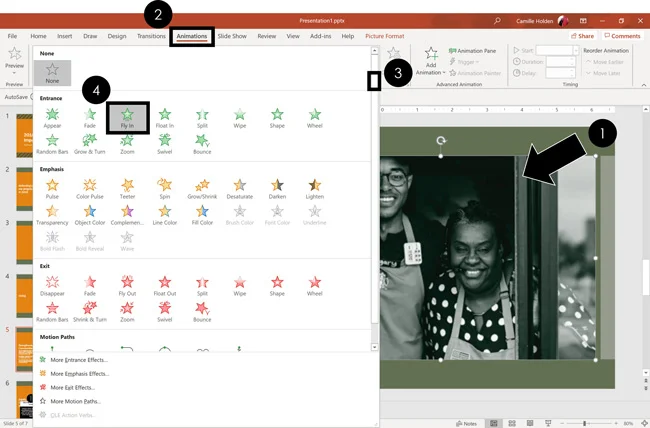 To add an animation to an object in PowerPoint, first select the object and then use the Animations tab to select an animation type