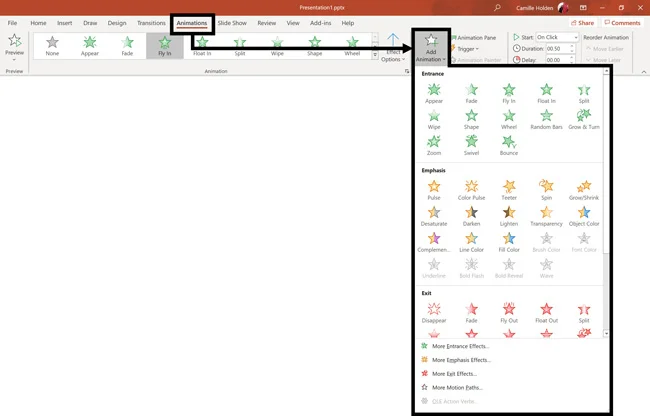 When adding a second animation to an object in PowerPoint, use the Add Animation dropdown on the Animations tab