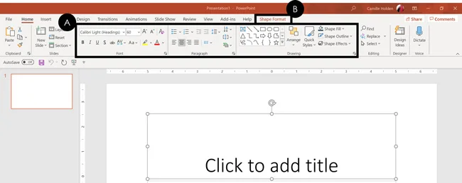 Example of the Shape Format tab in PowerPoint and all of the subsequent commands assoicated with that tab