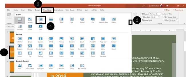 To add a transition to a slide, select the slide, navigate to the transitions tab in PowerPoint and select your transition
