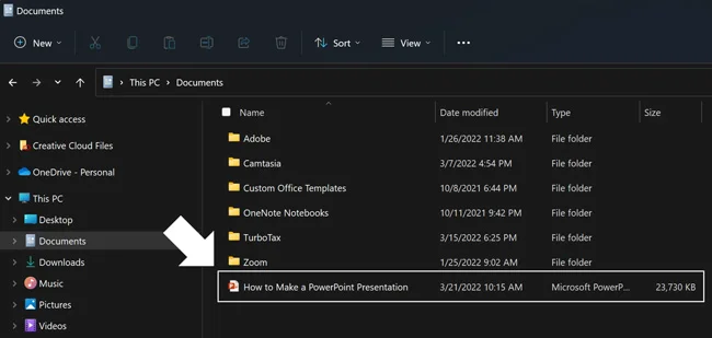 Example of a PowerPoint presentation saved on your computer
