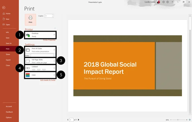 In the Print dialog box, make your selections for how you want to print your PowerPoint presentation, then click print