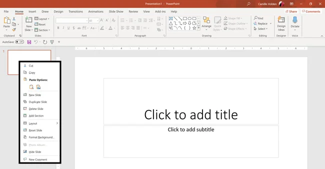 Right clicking a PowerPoint slide in the thumbnail view gives you a variety of options like adding new slides, adding sections, changing the layout, etc.
