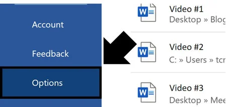 Click options in the backstage view