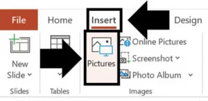 To insert a picture into PowerPoint click the Insert tab and then click the Pictures command