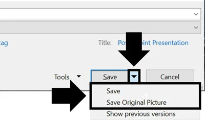 Open the additional save options and choose either save (which automatically compresses your image) or Save Original Picture