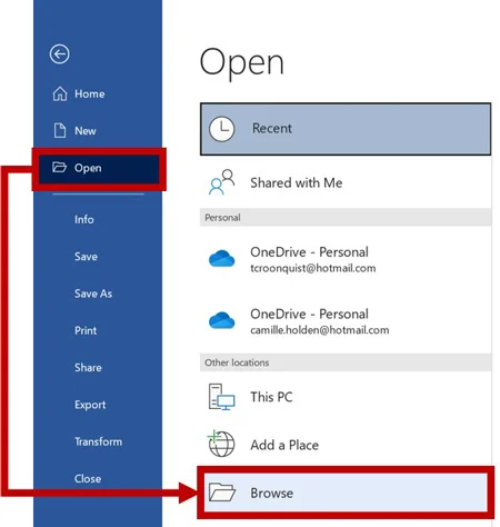 Click Open in Word and select browse to find your document