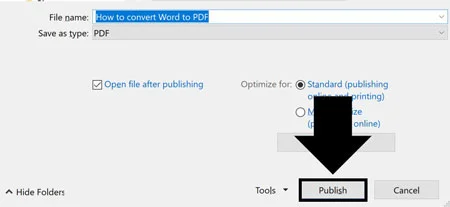 Click Publish to export to the PDF file format