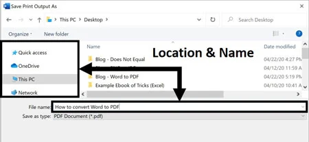 Choose a file name and location to print your Word document as a PDF to your computer