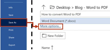 From the file tab, click save as and more options
