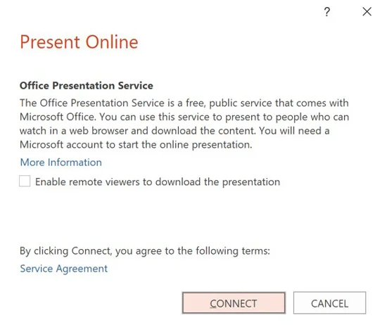 The present online office presentation service dialog box