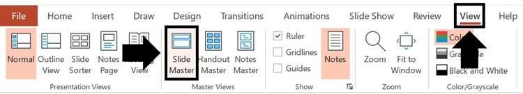 To navigate to the Slide Master in PowerPoint, click the View tab and click the Slide Master command