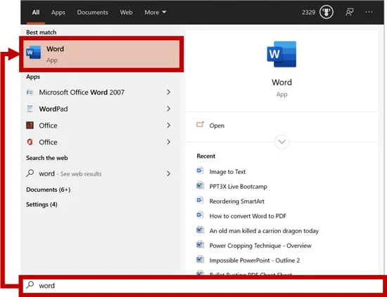 Hit the Windows key on your keyboard, type Word and hit Enter to open Microsoft Word