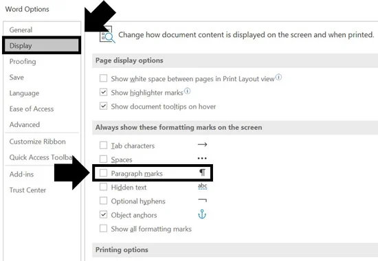 Using the paragraph symbol in the Word Options dialog box to get rid of paragraph spacings