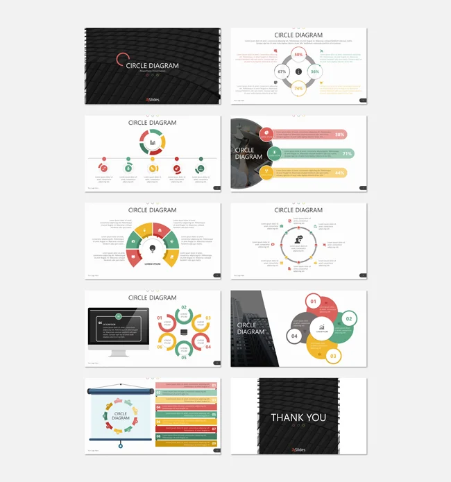 Example slides from the Circle Diagrams template by 24Slides