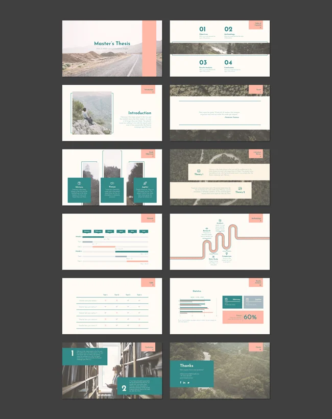 Example slides from the Masters Thesis template by SlidesGo
