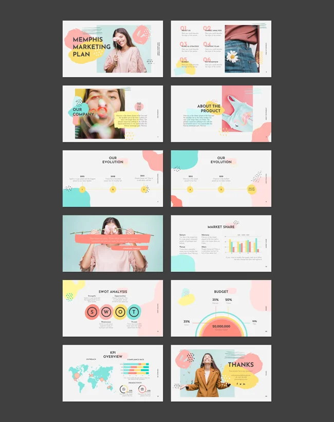 Example slides from the Memphis Marketing Plan template by SlidesGo
