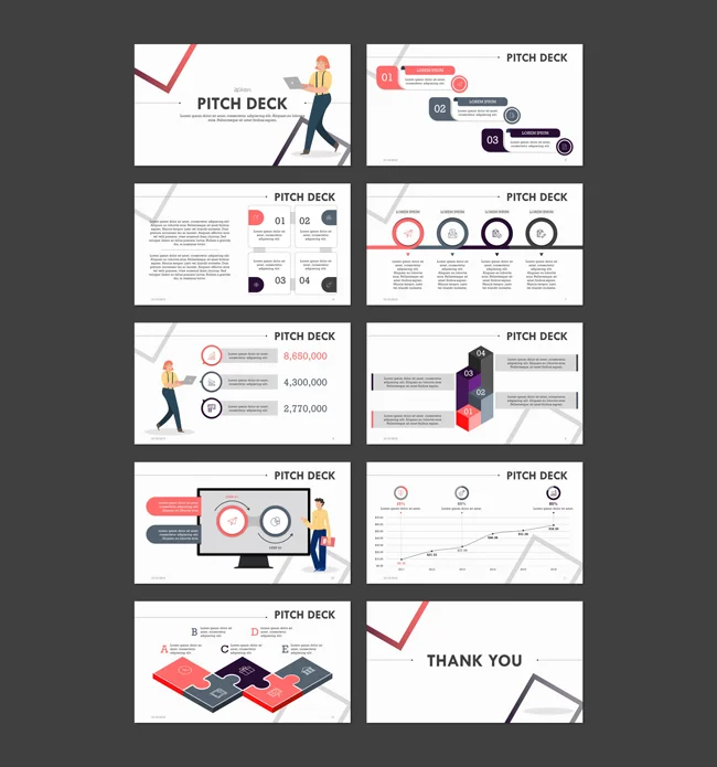 Example slides from the Playful Pitch template by 24Slides