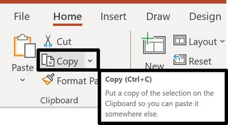 If you hover your mouse cursor over the Copy command it's Ctrl+C keyobard shortcut pops up