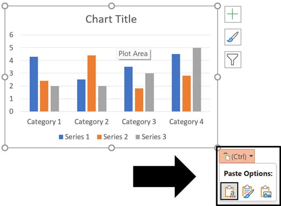 When pasting an object between your documents, the Paste Options button displays in the lower right-hand corner of your object, giving you additional options for pasting your content