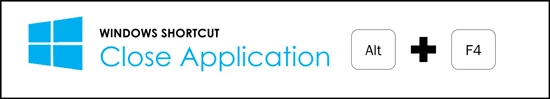 The close application shortcut in Windows is Alt plus F4 on your keyboard
