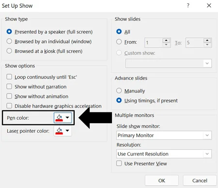 In the set up show dialog box, you can change the default pen color for your pen when drawing on your slides in presentation view