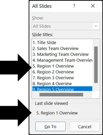 Inside the All slides dialog box, you can see the last slide you viewed at the bottom of the dialog box
