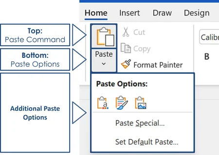 The paste command is a two part button. Clicking the top pastes whatever content you have copied and clicking the bottom gives you additional paste options for pasting your content