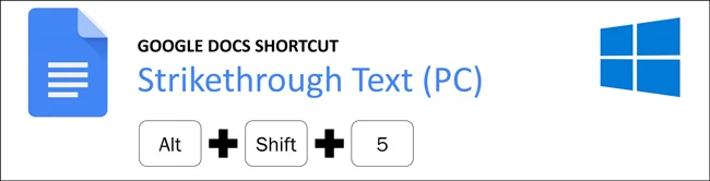 The google docs strikethrough shortcut on a PC is Alt plus Shift plus 5