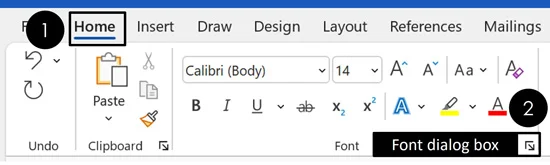 You can open the font dialog box by clicking the home tab and then clicking the diagonal facing arrow in the Font group