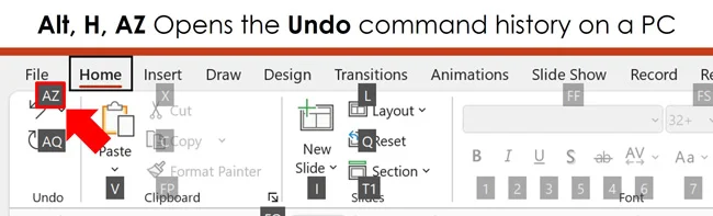On PC versions of Microsoft Office you can hit Alt then H then AZ to access the undo command history using your keyboard