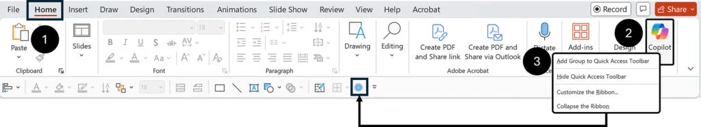 To add copilot to your QAT, click the home tab, right-click Copilot on the far right, and select Select Add Group to Quick Access Toolbar