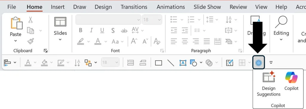 Once added to your Quick Access Toolbar, clicking the blue circle gives you immediate access to the Microsoft Copilot commands.