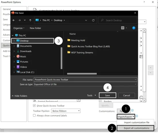 To export your customized quick access toolbar, open the import export dropdown, select export all customizations, choose a location on your computer and click save