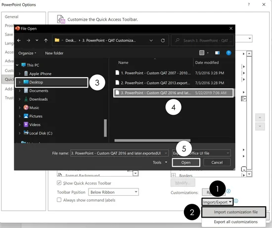 To import a quick access tooblar, open the import export drop down, select import customization file, navigate to the file on your computer and select it, then click Open